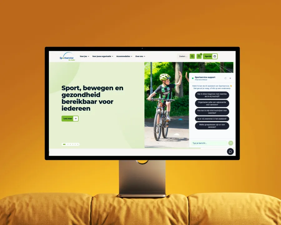 Website van Sportservice de Vallei met chatvenster