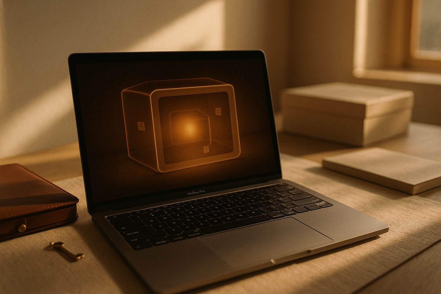 Open MacBook met een abstracte kluis-visualisatie op het scherm, een leren documentmap met messing slot en kleine messing sleutel ernaast op een houten oppervlak, gesloten archiefboeken zacht onscherp op de achtergrond.